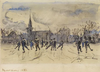 Johan Barthold Jongkind: Schlittschuhläufer vor der Silhouette einer Stadt mit Kirchturm